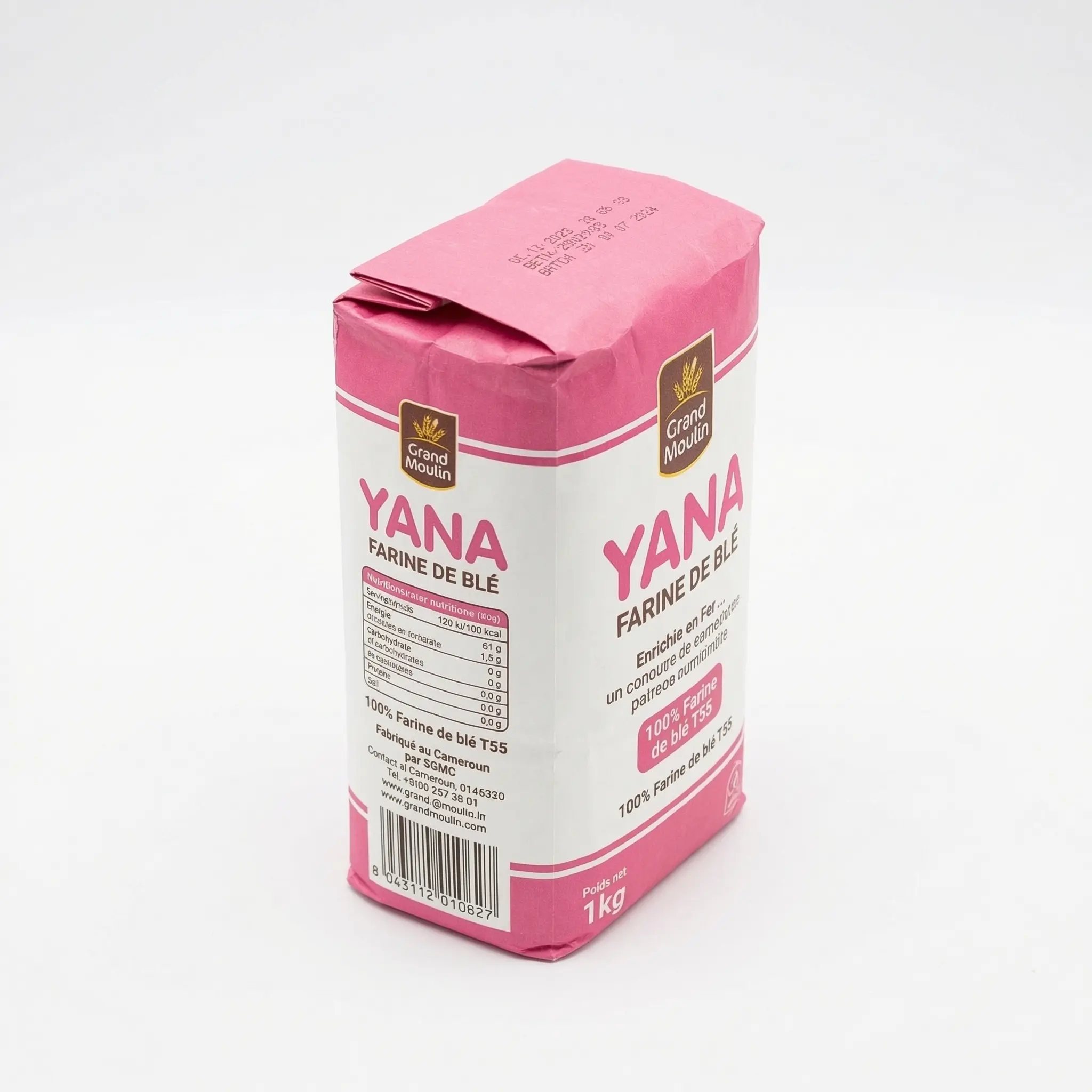 Vue latérale sachet farine Yana 1kg étiquette claire visible